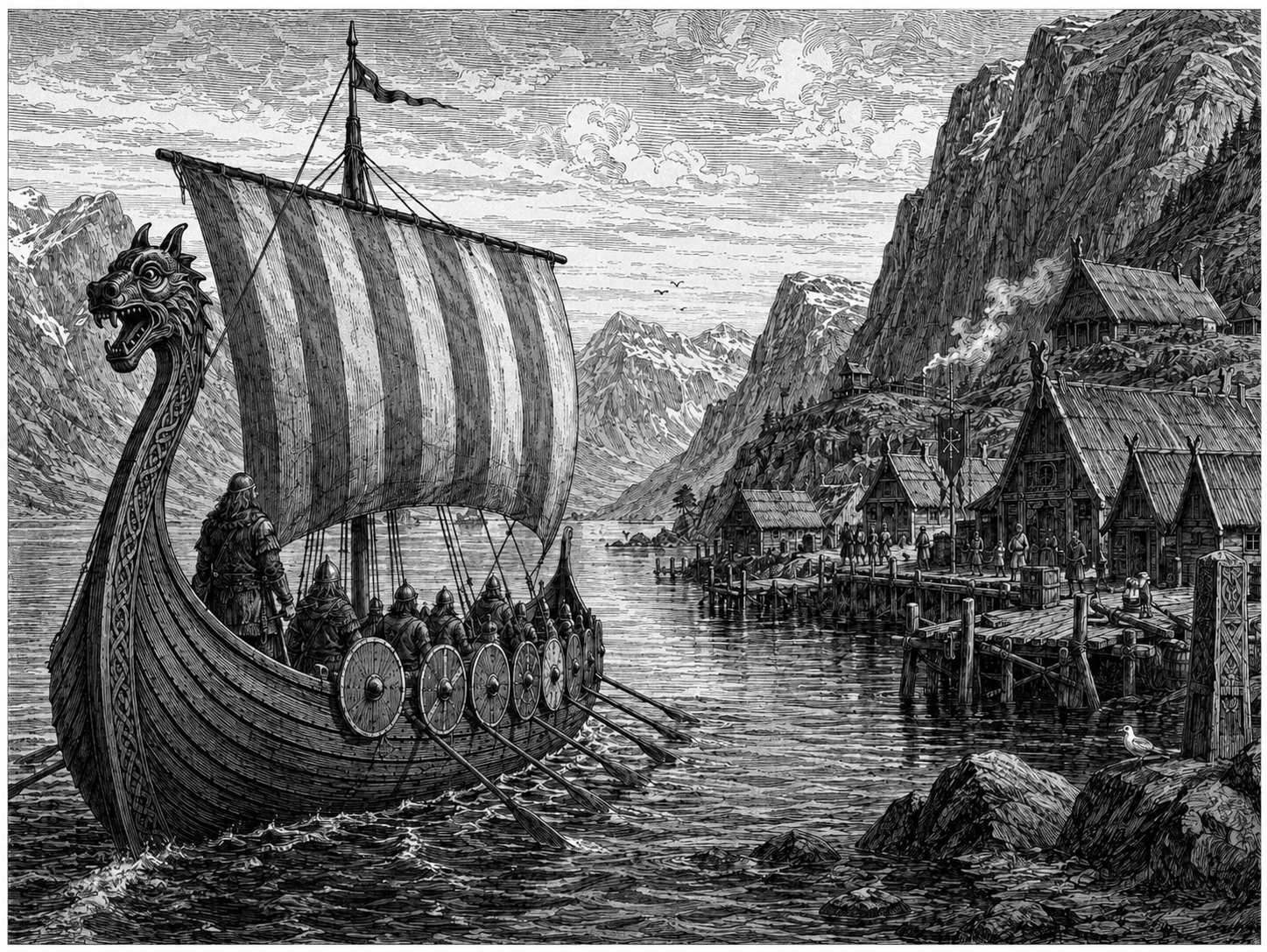 Historisk gravering av et vikingskip som nærmer seg en trebebyggelse langs en norsk fjord, som illustrerer hampens maritime og kulturelle arv